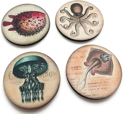 Ocean Creatures set of 4 or 6 Coasters 3.5 inch nautical sea puffer fish octopus manta ray jellyfish