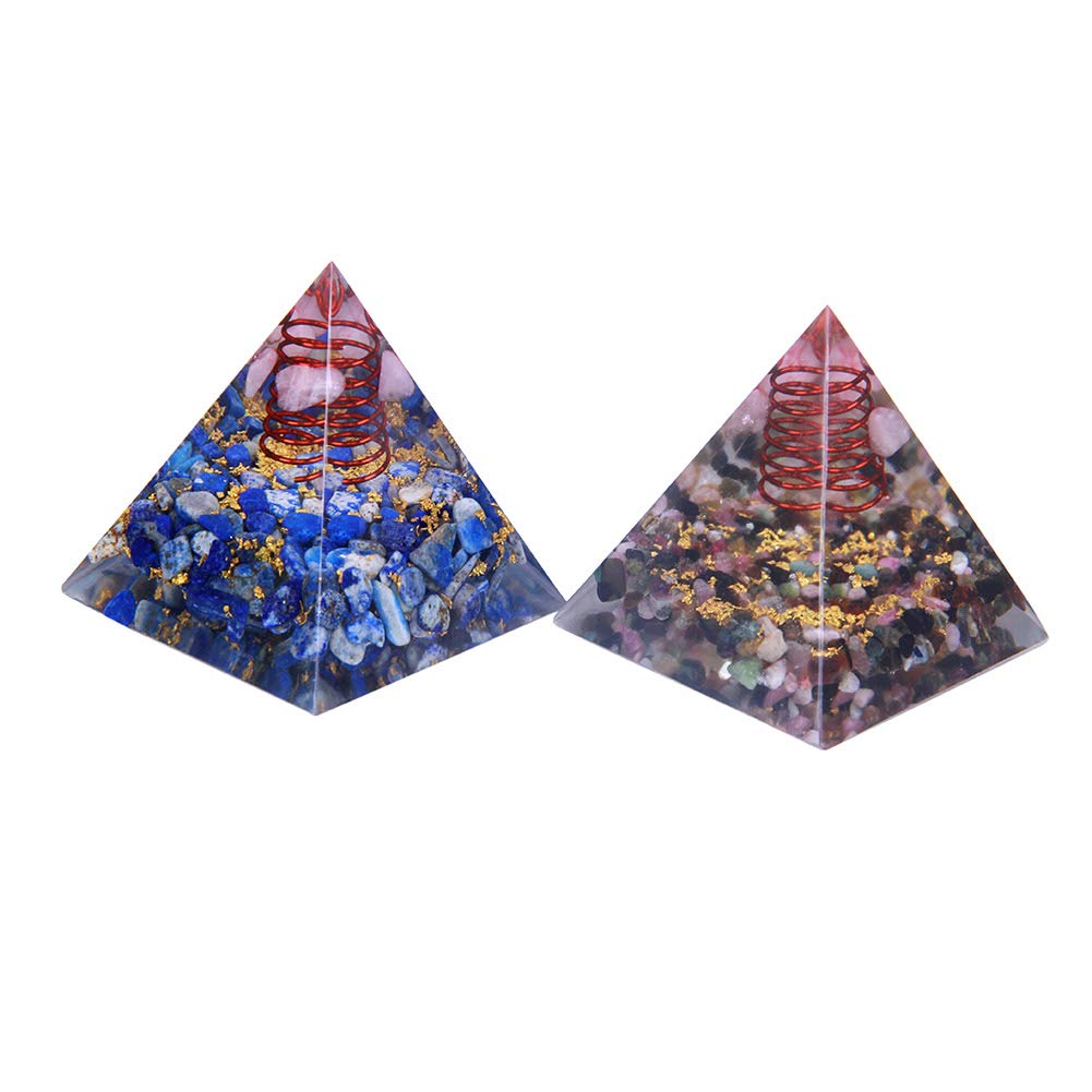 Crystal Orgone Pyramid Energy Generator Set of 2 - Pair Includes 1 Natural Lapis Lazuli & 1 Tourmaline Pyramid - Brass Metal for EMF Protection and Chakra Balancing Spiritual Cleansing Meditation