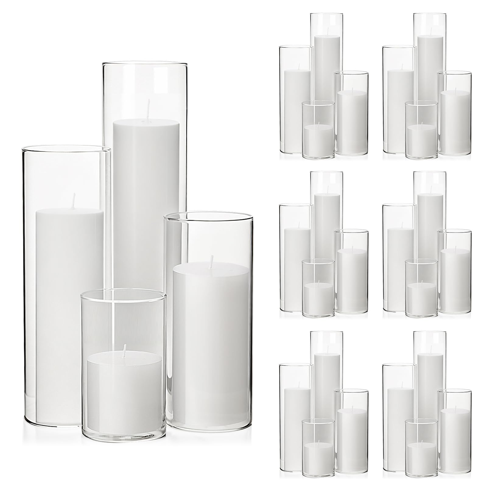 Set 12 Candele A Colonna Bianche + 12 Portacandele Cilindrici In Vetro, Shihanee, 6 Misure (5-25 Cm), Per Centrotavola E Decorazione