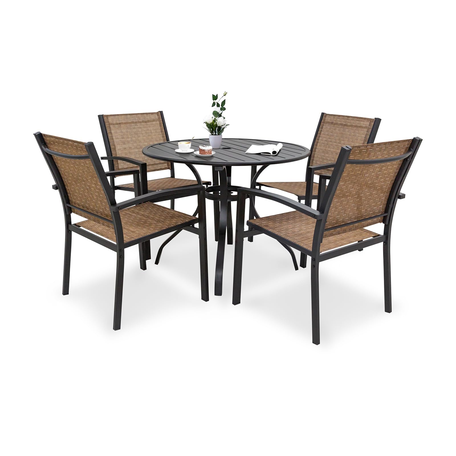 LEVELEVE 5 Piece Patio Dining Set,Outdoor Furniture 4 Textilene Chairs & 1 Round 38"x 38" Metal Slatted Table with 1.5" Umbrella Hole,Outside Porch Deck Balcony Backyard Set for 4(Brown)