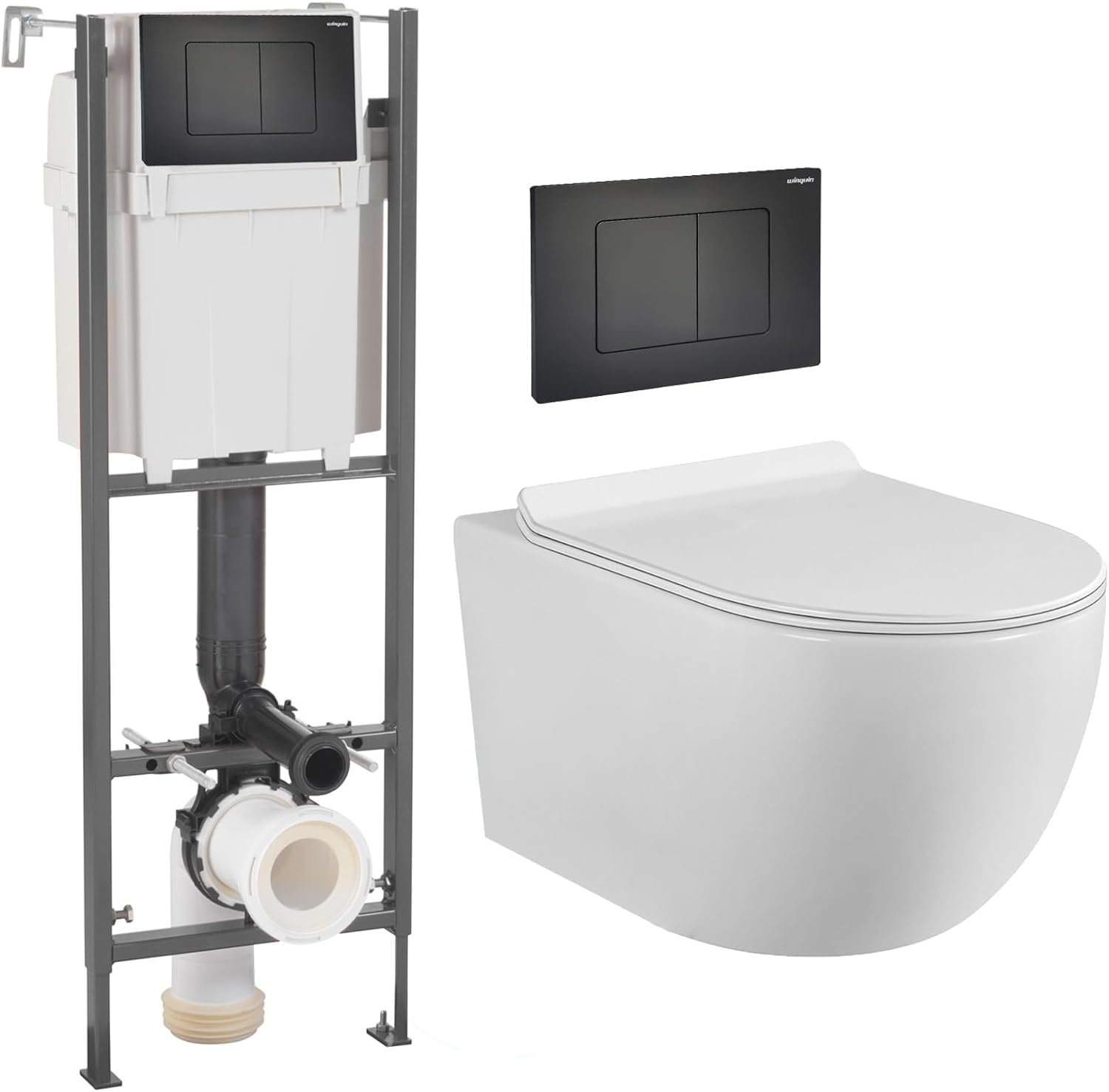 Inodoro suspendido completo - Cerámica - Sin bridas - Blanco mate - Soft-close - Cisterna empotrada CHRONO - Pulsador negro - Tapa extra fina - Diseño elegante y moderno