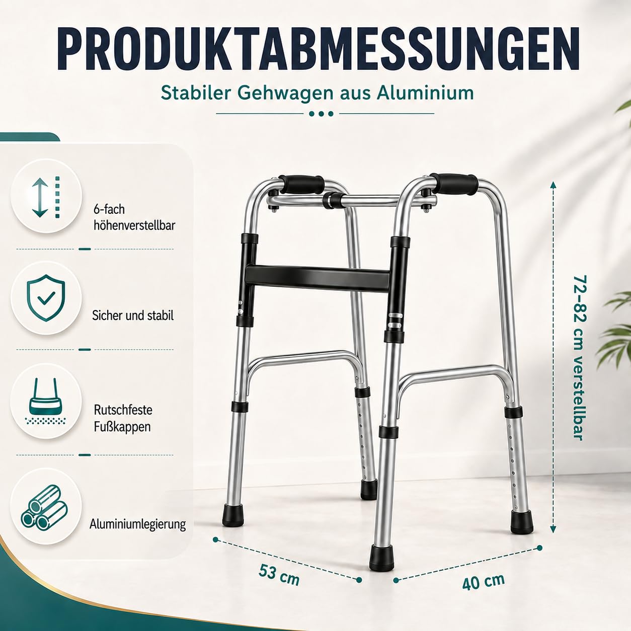 Gehgestell faltbar, mit 6-fach einstellbarer Höhe, Bis 100 kg
