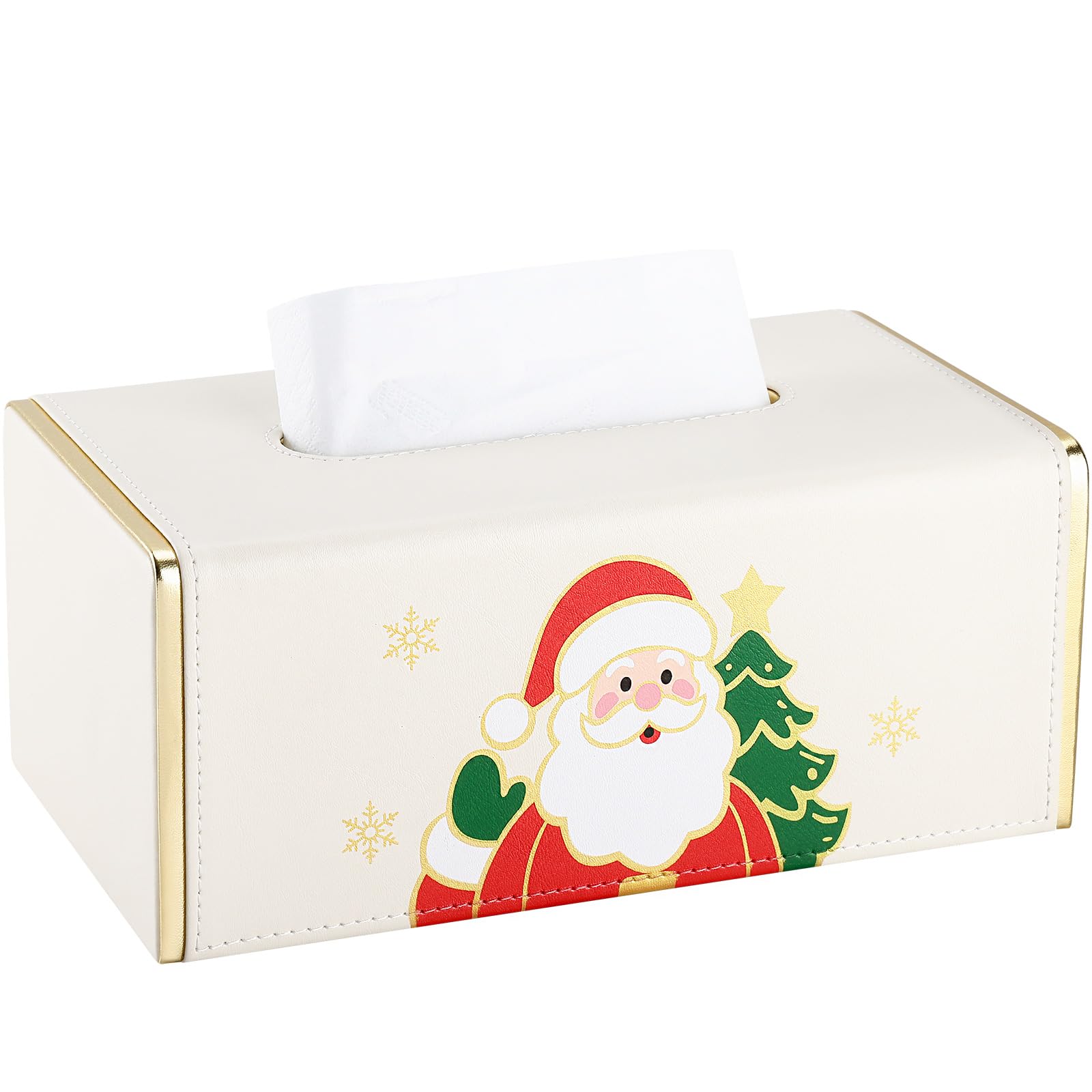 GORESE Christmas Tissue Box Cover for Kleenex Rectangle Santa Print Tissue Box Holder PU Leather Christmas Decorative Tissue