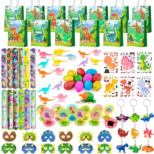 Dinosaur Party Favors 96pcs Dinosaur Party Bags Fillers- Dinosaur Party Bags Fillers Slap Bracelet Stamps Keychains Stickers etc Dinosaur Theme Favors for Dinosaur Birthday Party Decorations