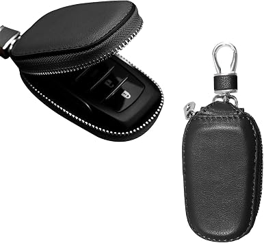 Car Key Case, Genuine Leather Auto Key Fob Cover Case, Key Fob Protector with Metal Hook, Car Smart Keychain Holder Black
