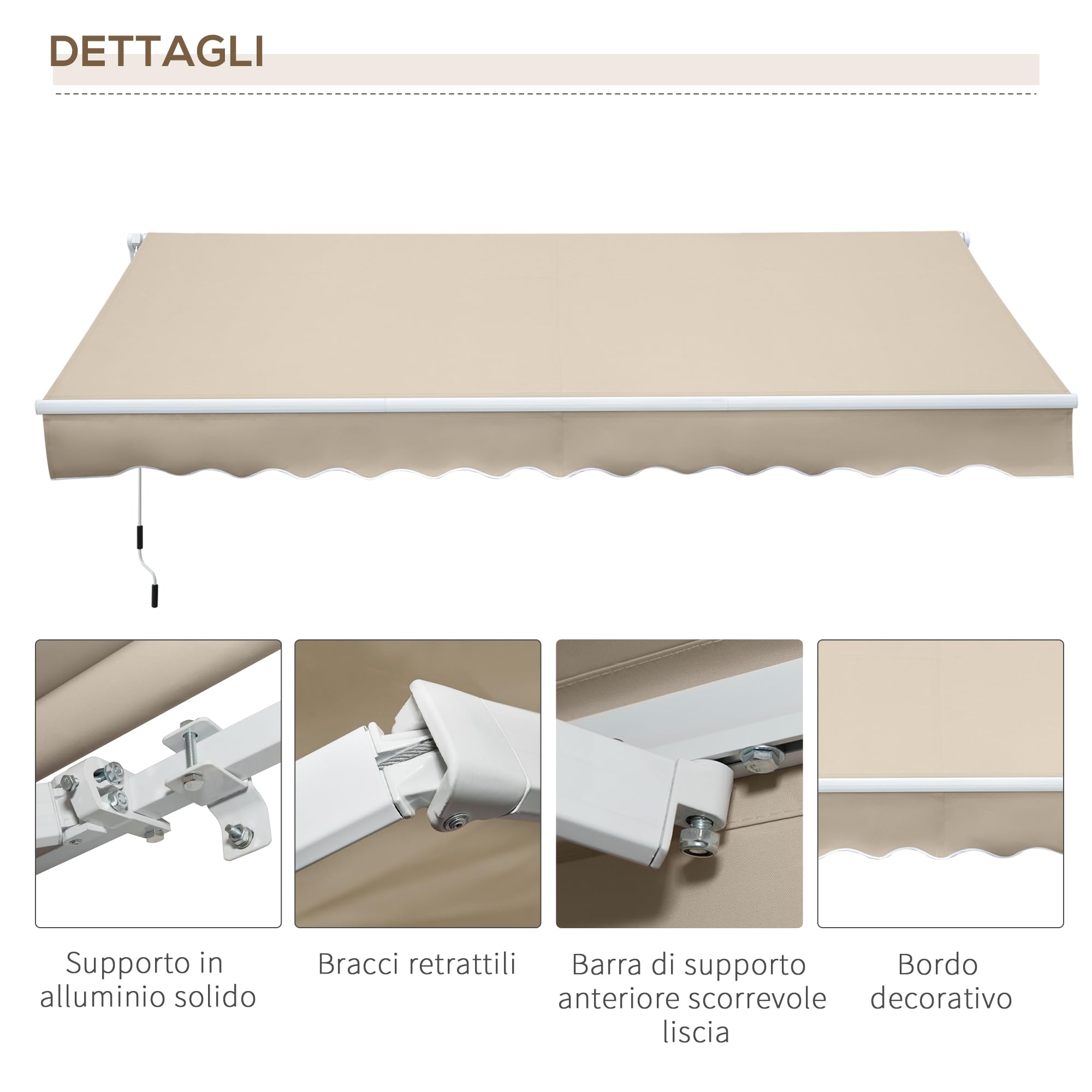 Outsunny Tenda da Sole per Esterno Avvolgibile 3.6x2.5 m, Tenda da Sole a Bracci Estensibili Parasole Protezione UV Impermeabile per Porte e Finestre con Apertura a Manovella, Crema