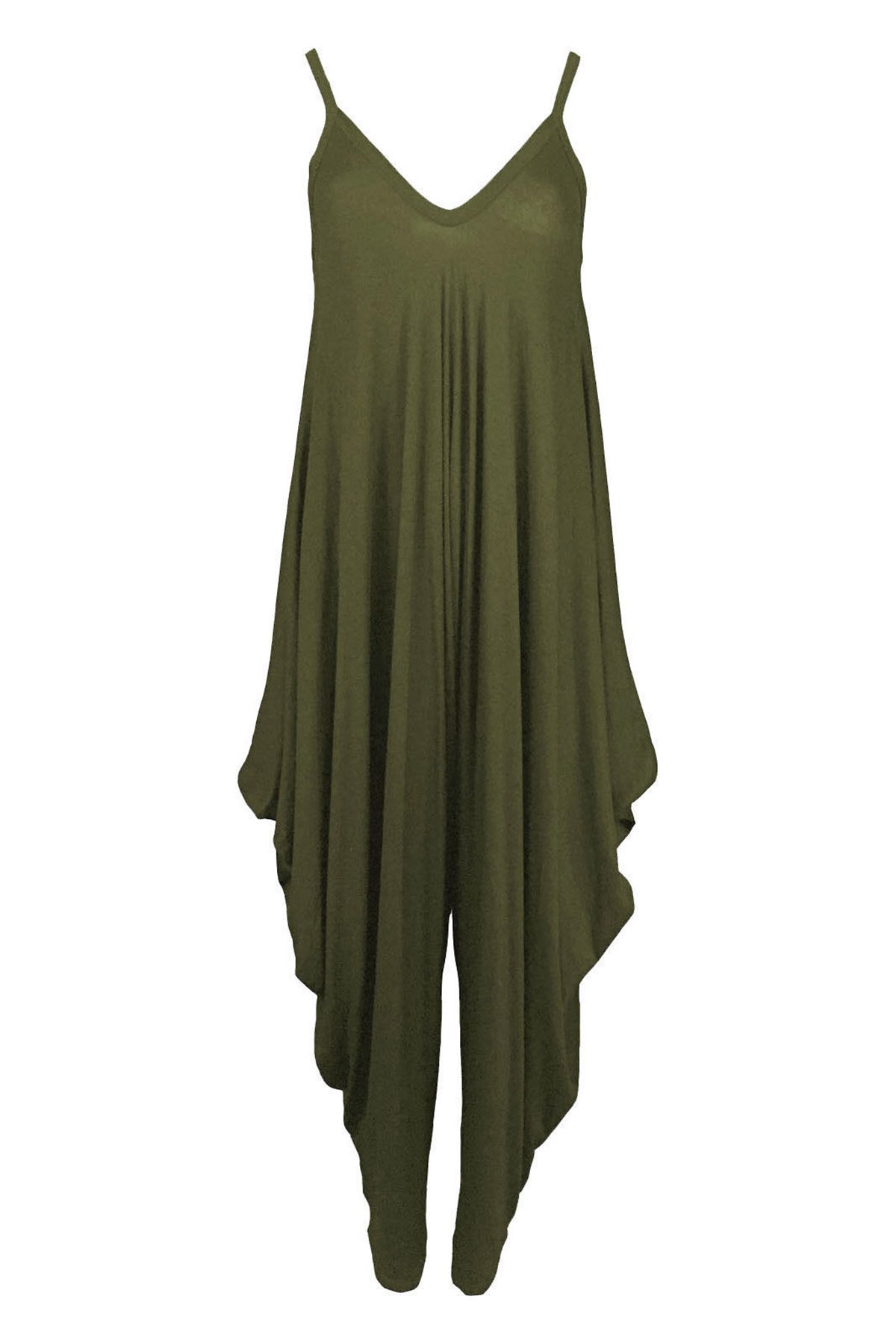 GirlzWalk Women Lagenlook Cami Strappy Baggy Harem Jumpsuit Dress Khaki