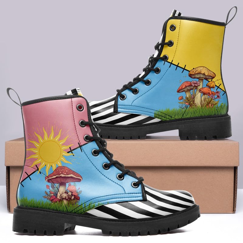 Image of Fashion Ankle Boots For Men Women Floral Mushroom Star Trendy Lace Up Unisex Booties Combat Trendy Street Wear Boots