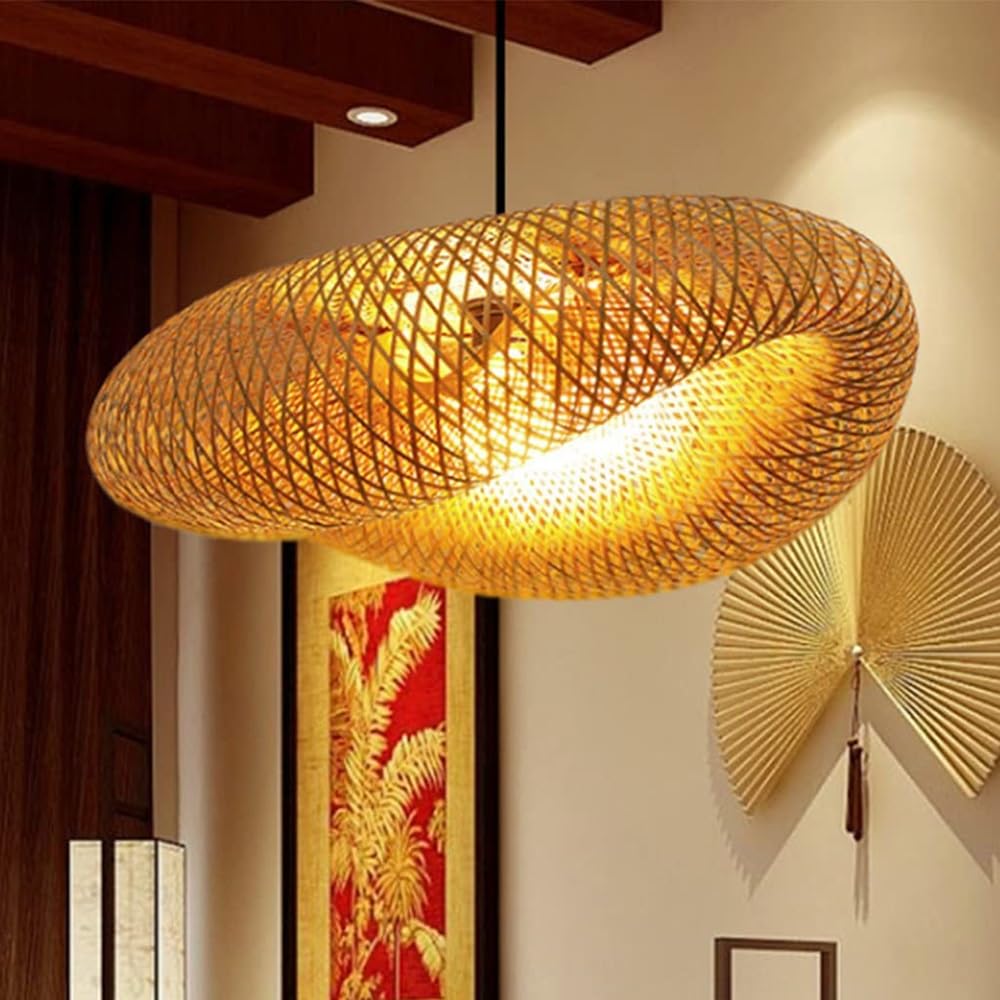 BLOOHK Hand-Woven Rattan Hat Pendant Light, Vintage Bamboo Straw Hat Chandelier for Kitchen Island, Dining Room, Boho Coastal Hanging Ceiling Lamp