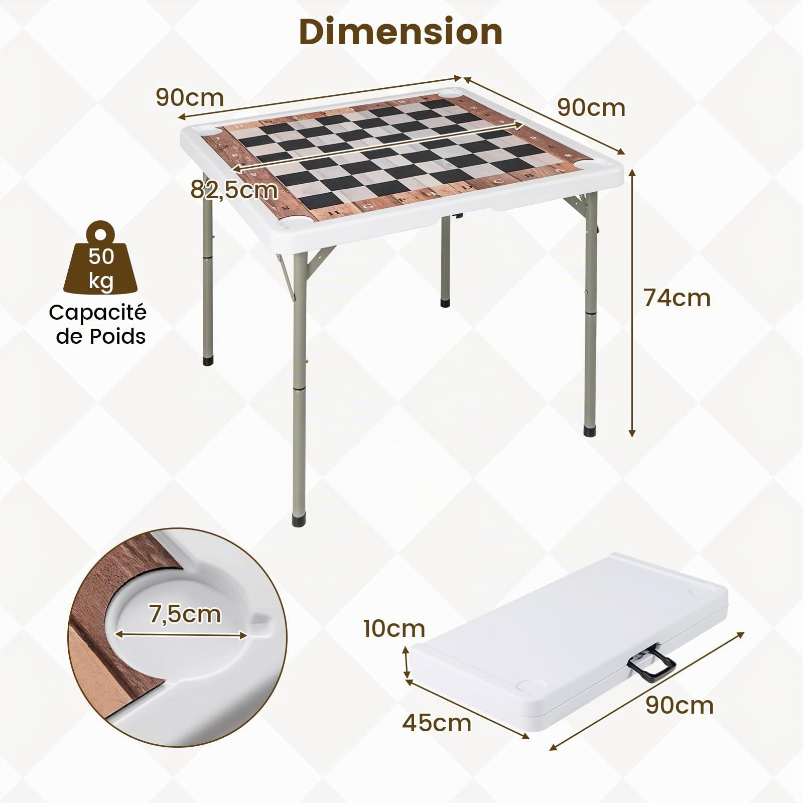 GOPLUS Table Échecs Pliante, Table de Jeux Échecs Exterieur avec Poignée Intégrée et Nappe Résistante, Portable et Gain de Place, pour Jeux Intérieur, 90 x 90 x 74 CM