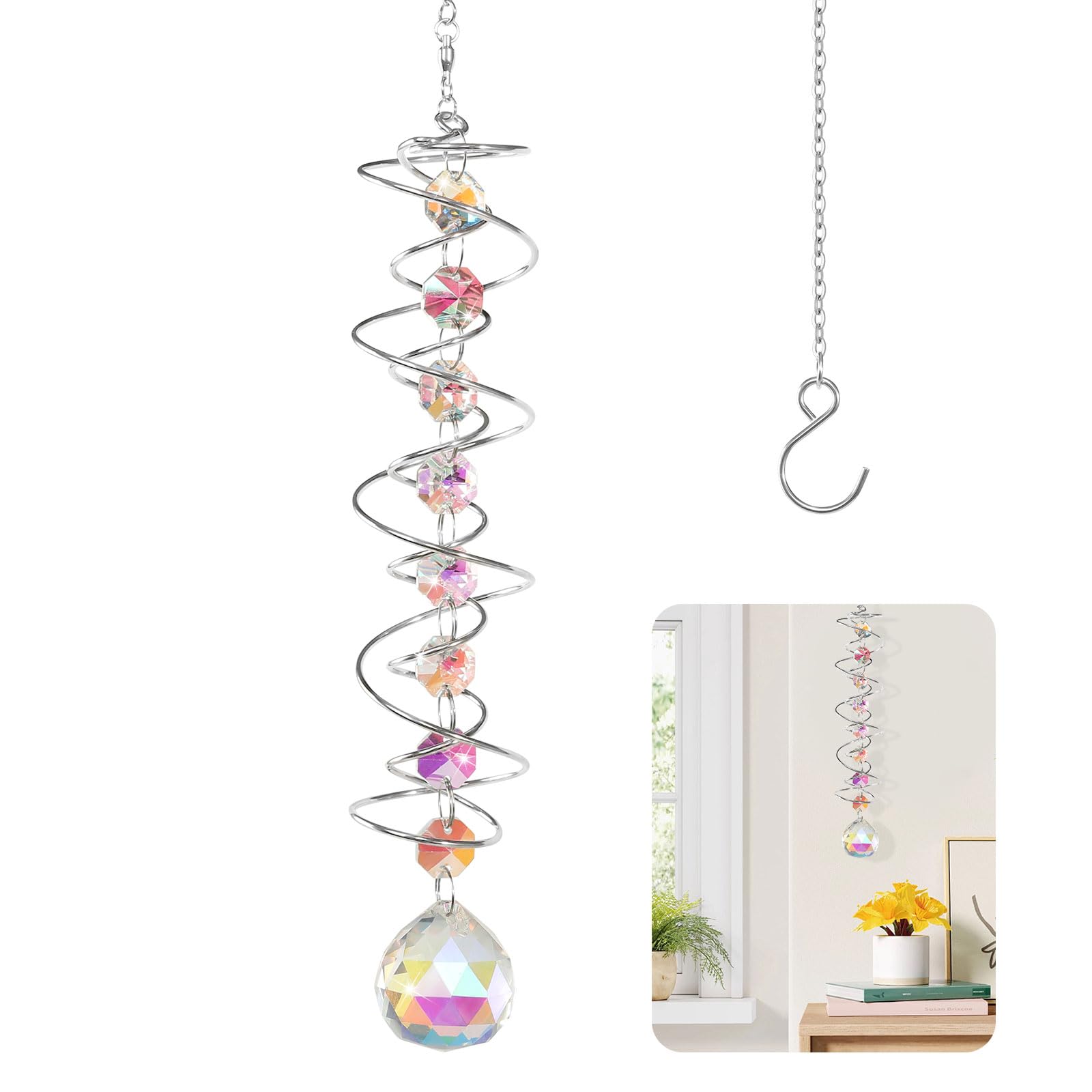 Colgante De Cristal, campanilla de viento decorativa de cristal con doble espiral, Adornos Colgantes De Prismas Cristales Colgantes Arcoíris De Cristal Colgante para Ventana Hogar Jardín