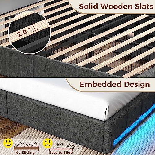 Rolanstar Twin Bed Frame With 4 Storage Drawers, Charging Station And Led Lights, Upholstered Platform Bed Storage Headboard, Heavy Duty Wooden Slats, No Box Spring Needed, Noise Free, Easy Assembly #TOP7