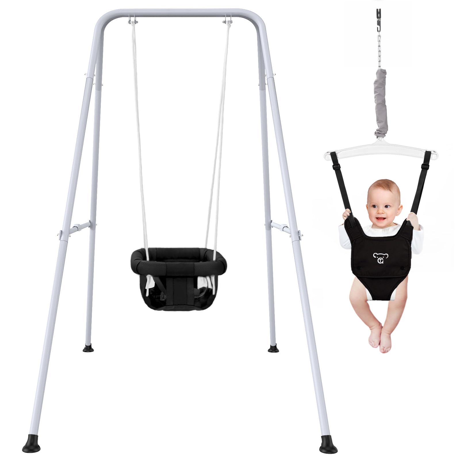 2 in 1 Baby Jumper with Swing - Indoor and Outdoor Use, Baby Jumpers and Bouncers, Toddler Swing with Foldable Stand（Black）