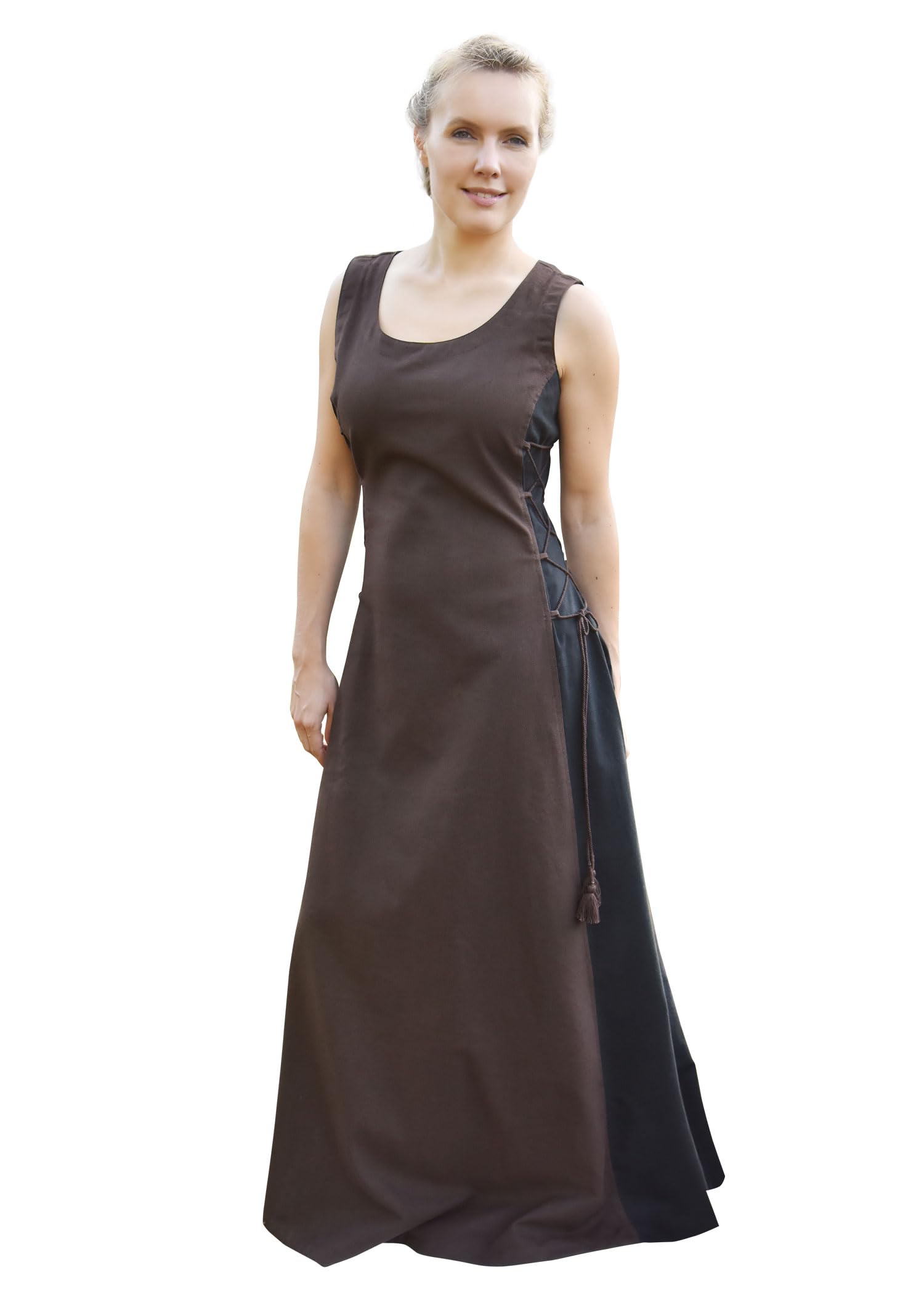 Battle-Merchant Women's Brown/Black - Jarle Sleeveless Medieval Dress - For - Medieval Viking Costume Larp Fantasy - S