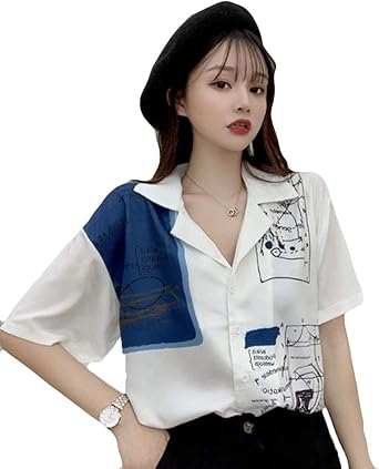 Amazon シジャァーノ ブラウス レディース スーツ襟 半袖シャツ プリント 落書き トップス ゆったり ファッション フランス風シャツ レトロ リゾート 旅行 開襟シャツ カジュアル 夏服ホワイト シャツ ブラウス 通販