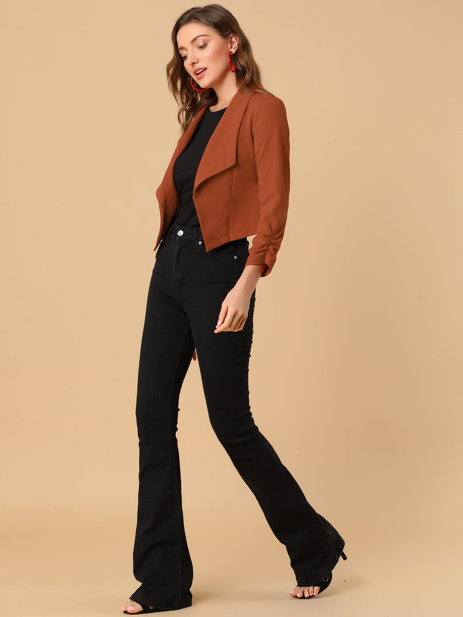 Allegra K Damen Tweed Blazer Kurz Langarm Umlegekragen Geraffte Ärmel Offen Crop Jacke
