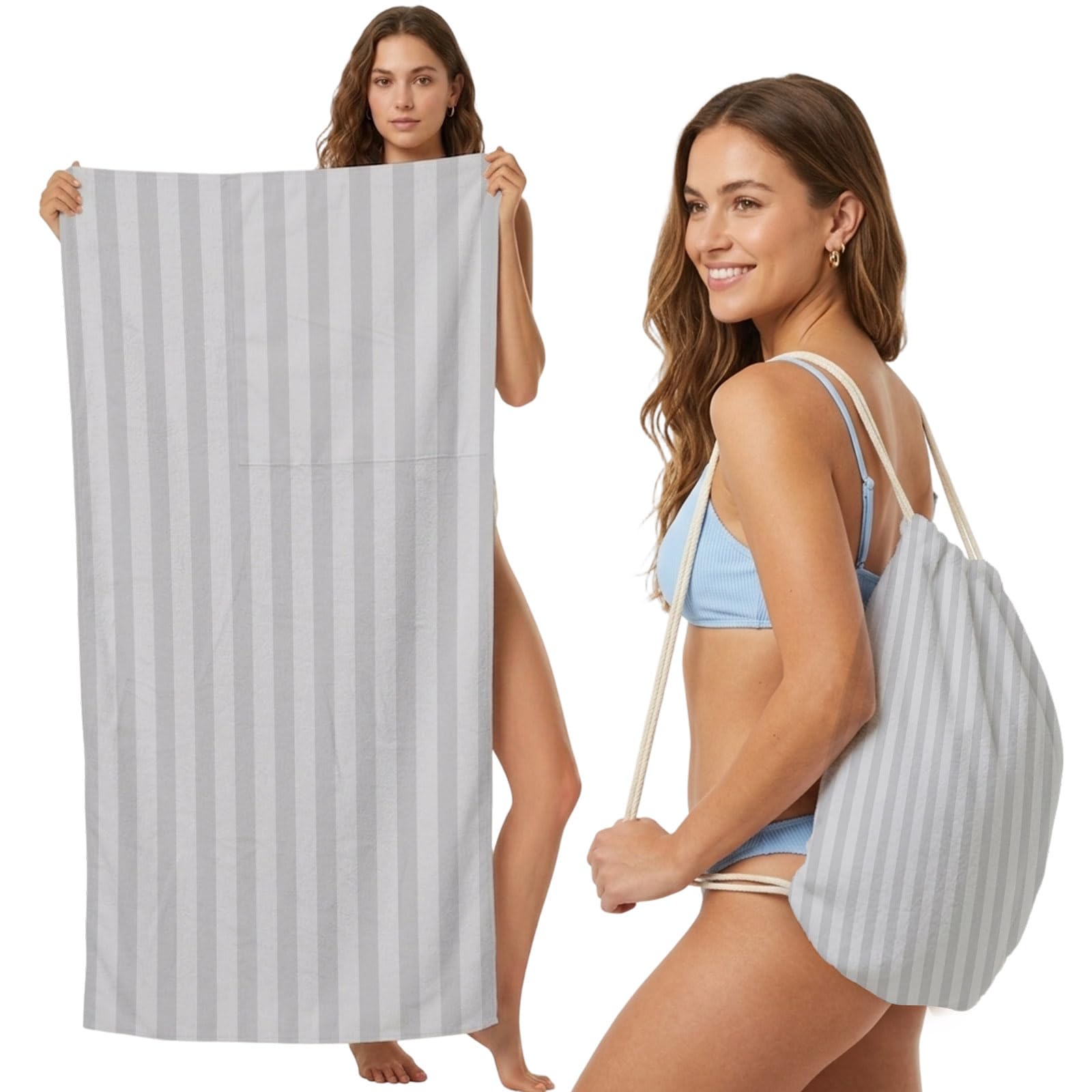 Beach Towel Bag 2 in 1 Grey Vertical Stripes Bath Pool Towels Backpack Parallel Lines Striped Absorbent Beach Towel Soft Quick Dry Lightweight Packable Towels Drawstring Bag for Travel Sports Yoga