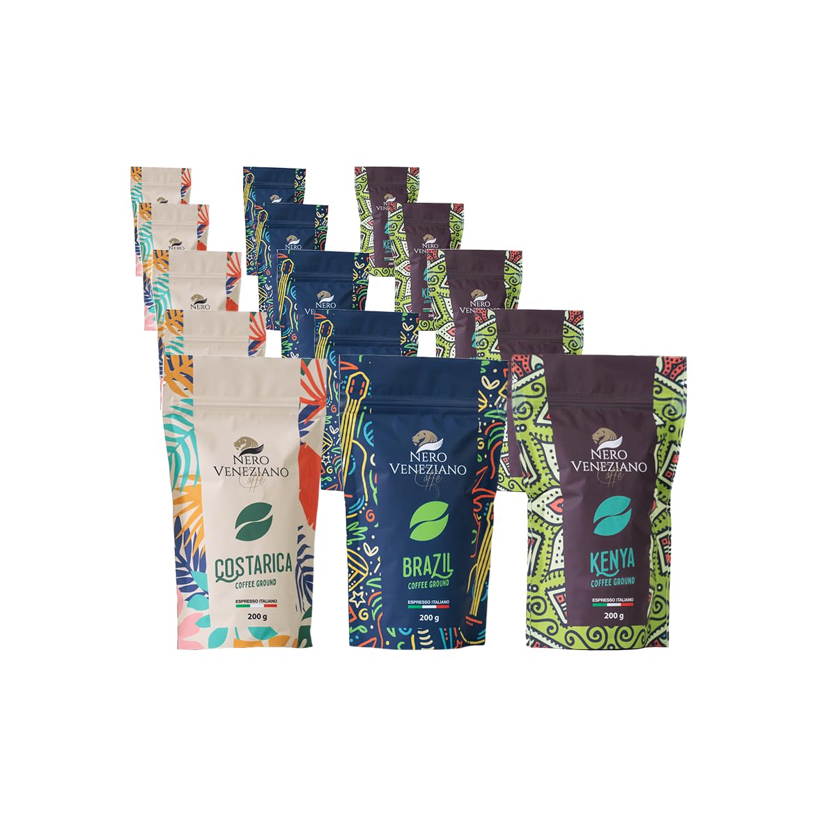 Nero Veneziano Collection, Kit Degustazione - Brazil, Costa Rica & Kenya, Caffè Premium Macinato 15x200 g, Tostatura Media, Artigianale Italiano, Per MOKA