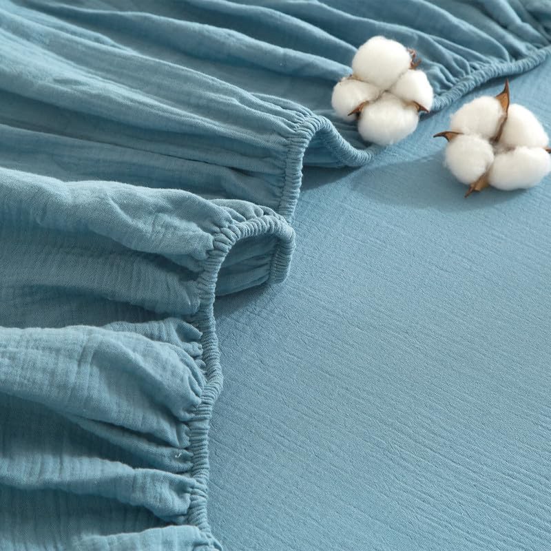 Gezu Doppelte Muslin Spannbettlaken 120x200cm 100% Baumwolle Muslin Petrol Blau Boxspringbett Frottee Topper Weich Uni Atmungsaktiv Bettlaken für Hohe Matratze bis 25-30 cm