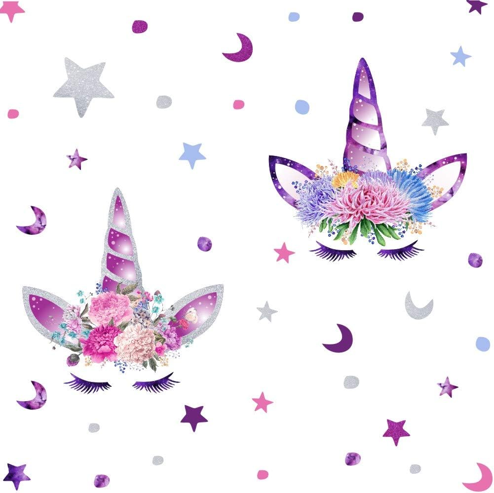 ARTTOP Cute Unicorn Wall Decal,Colorful Moon Stars Flower