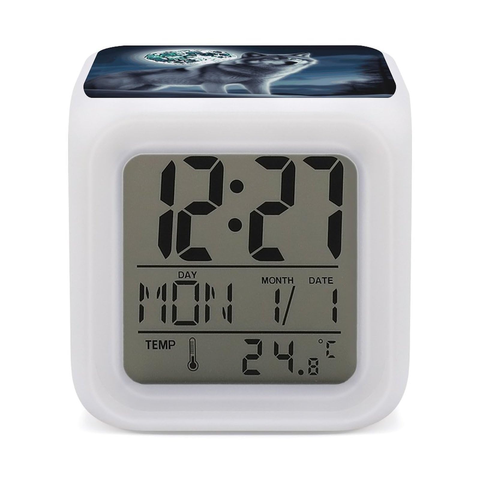 VstaDank Wolf Under Moon Alarm Clock with 7 Color Changing Night Light Date Temp Display Wake Clocks LED Display Digital Clock Electric Desk Clocks for Living Office Bedroom Decor