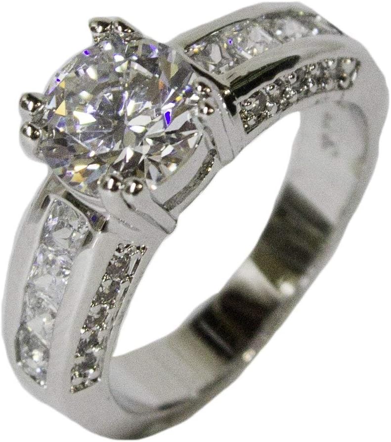 Women's Rhodium Plated Dress Ring Engagement Style Round Cut CZ 037