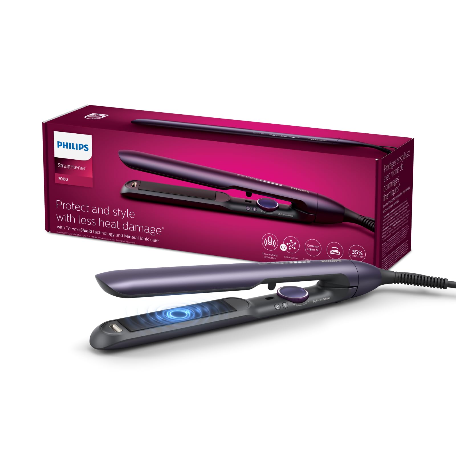 Plancha de cabello Philips serie 7000 con tecnología ThermoShield, Cuidado iónico, Placas de 105mm de largo flotantes con Aceite de Argan, 50% más rapida, morado, BHS752/00