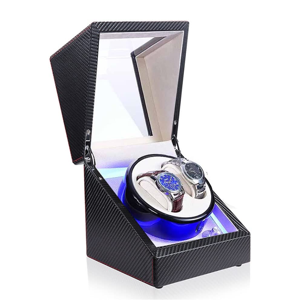 CGCSYZ 2 Watch Winders For Automatic Watches With Quiet Motor Automatic Watch Winder Box For Men And Women Watches Watches 5 Rotation Mode LED Light PU Leather Carbon Fibre Piano Finish (Black a)