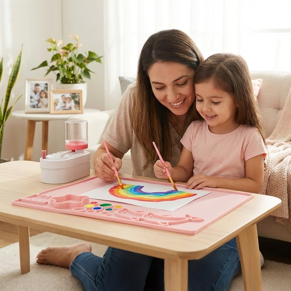 Painting Station, Paint Brush Cleaner (Pre-Assembled) and Silicone Art Mat 16.7"X13.5", Foldable Paint Brush Rinser Bowl with 10 Paint Brushes for Adults Artist Beginners Birthday Gifts(Pink)