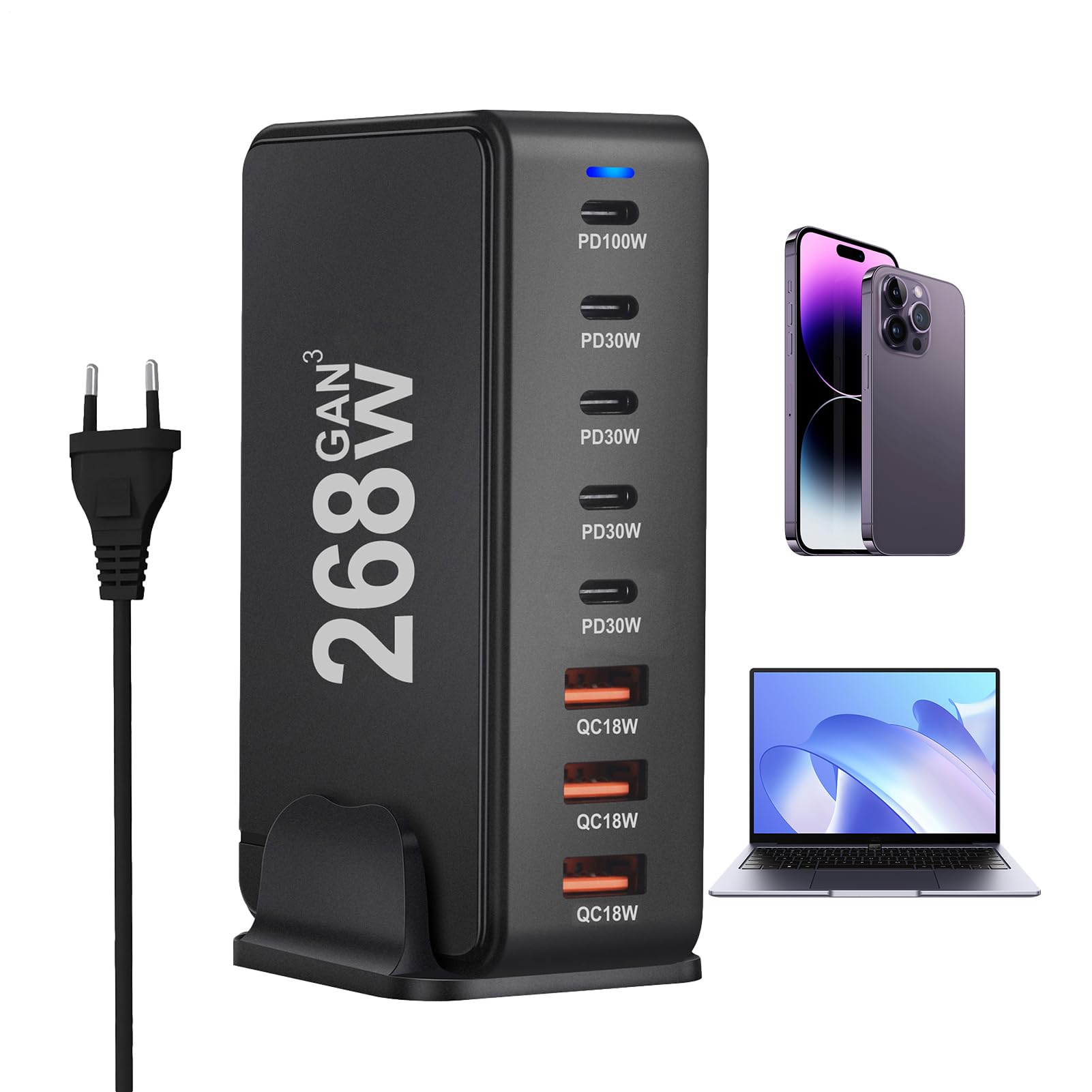 Caricatore USB C Stazione di Carica con 8 Porte USB Multiple | Caricatore 268W USB C PD Per L'Uso In Casa, In Ufficio, In Viaggio, Per Telefoni, Tablet, Laptop E Altri Dispositivi