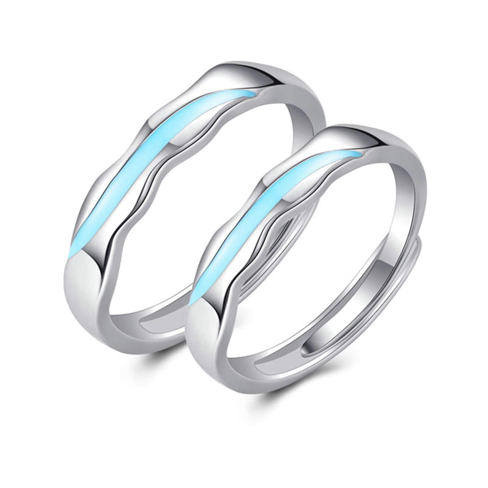 Bague de mariage couple argent réglable alliance vague bleue - 7