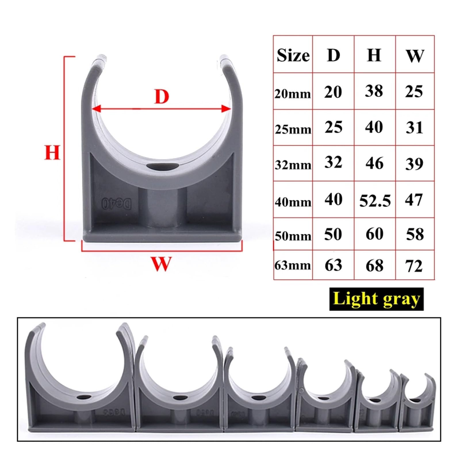 Plastikowe klipsy do węży 10 szt. 20~63mm zacisk rurowy PVC szary/biały/niebieski plastikowy zacisk w kształcie litery U uchwyt na rurę ogrodową do wody(Light Color,50mm)