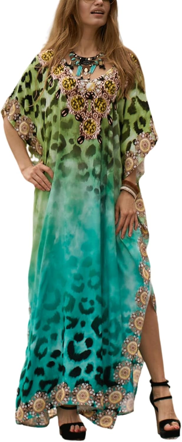 Women's Plus Size Moroccan Print V-Neck Batwing Kaftan Loose Fit Beach Dress Bathing Suit Cover Up