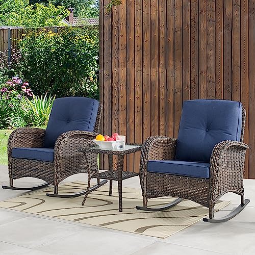 Belord Outdoor Rocking Chairs Set Of 2 Wicker Rocker Chairs For Porch, 3 Pieces Patio Furniture Rocking Set With Rattan Side Table Brown/Blue #TOP6
