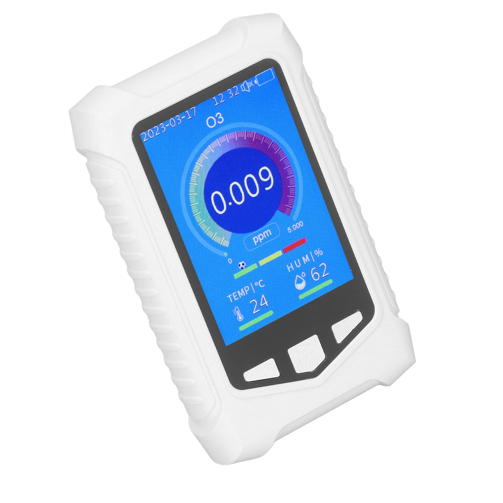 Detector de Ozono Portátil con Pantalla LCD, Medidor O3 en Tiempo Real, Autocalibración, Alarma Ajustable, Carga USB para Ambientes Internos y Externos