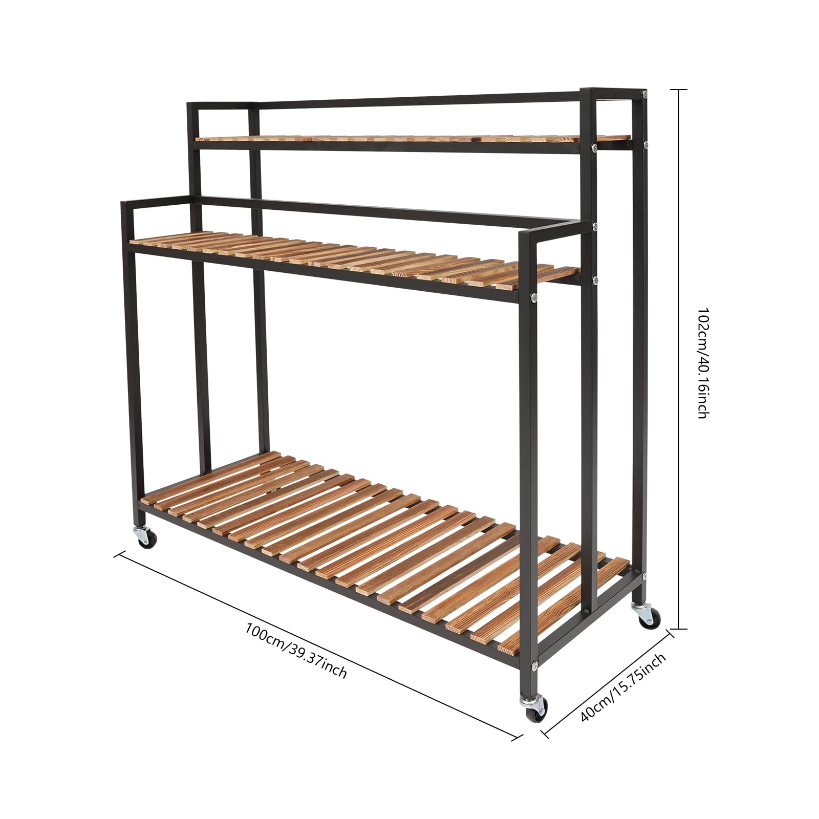 3-Etagen Pflanzenregal Bewegliches Pflanzentreppe Pflanzenständer mit 4 Rollen 100x40x102cm, Stabiles Metall Blumenständer für Balkon Garten Wohnzimmer (Schwarz)