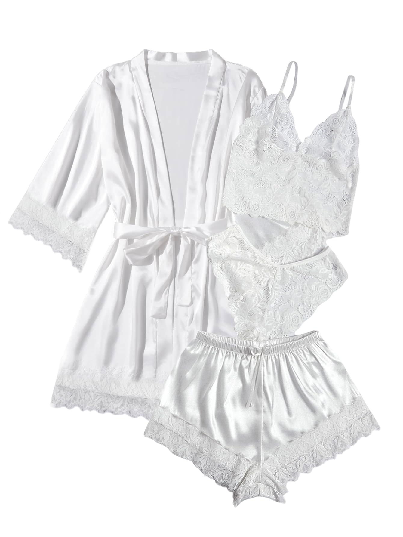 Women' Silk Satin Pajamas Set 4pcs Lingerie Floral Lace Cami Sleepwear with Robe