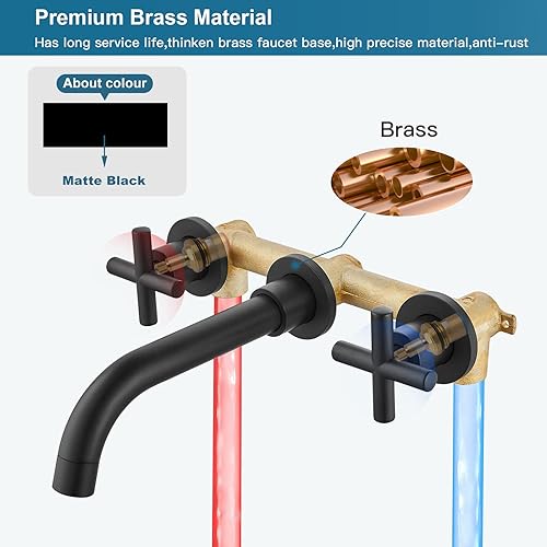 Miniatura 2 de Midanya Grifo de lavabo de baño montado en la pared, doble manija de 3 agujeros, grifo mezclador de lavabo con válvula áspera en doble cruz grifos,