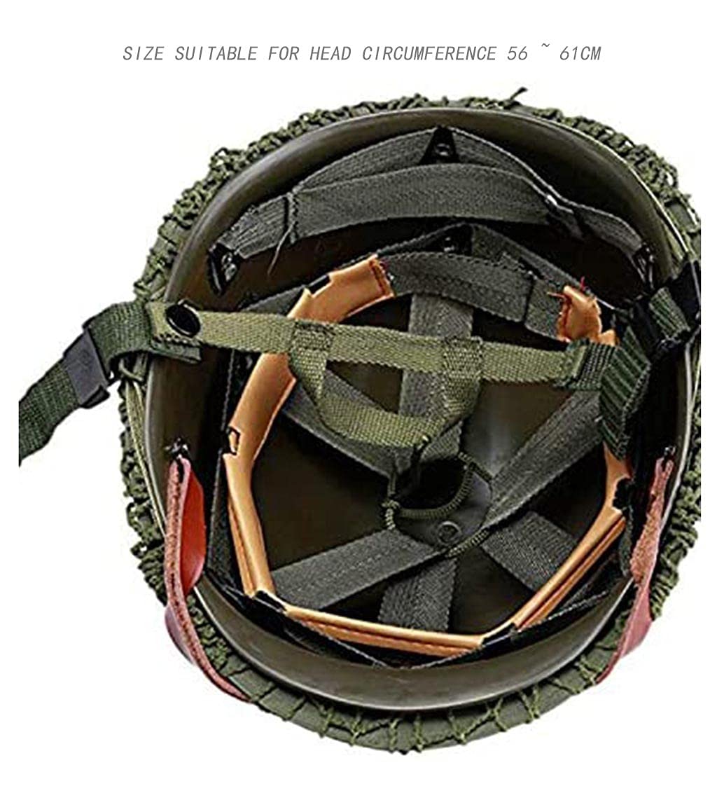Accesorio Cosplay Soldado Casco Réplica M1 Del Ejército De EEUU Segunda Guerra Mundial – Metal, Con Red, Correa De Barba Y Banda Ojo De Gato – Talla 52-62 Cm