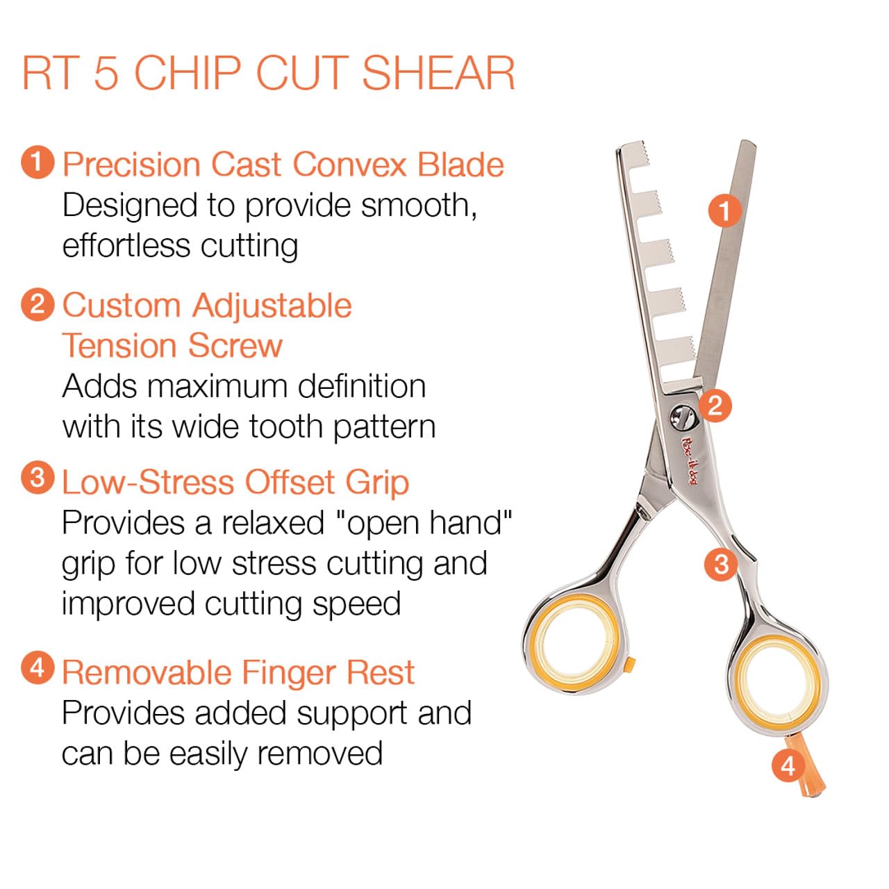 Cricket Centrix Roc-It Dog RT 5 Chip Cut Wide-Toothed Pattern Professional Stylist Barber Hair Cutting Shear Precision Cast Convex Blade Scissor, Low-Stress Offset Grip, Stainless Steel
