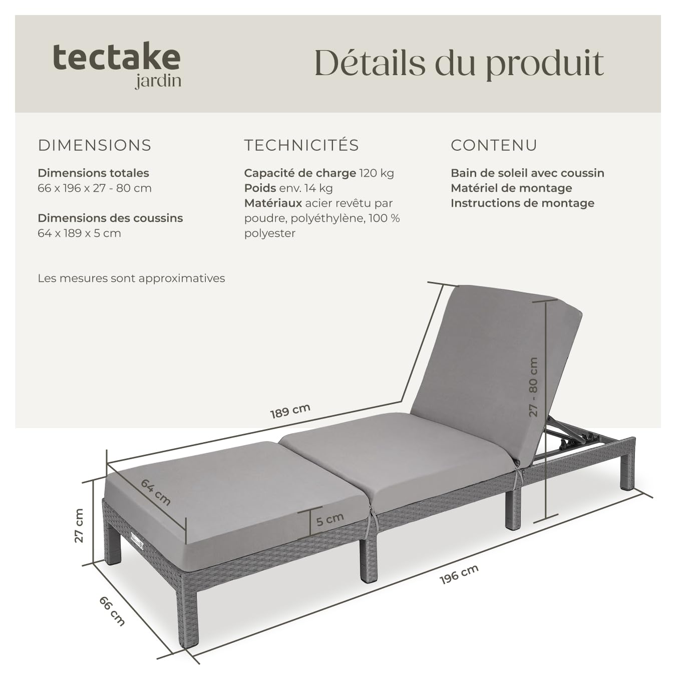 tectake® Chaise Longue Bain de Soleil en Résine Tréssée Acier Résistant Dossier Inclinable sur 6 Positions Transat Salon de Jardin Exterieur Mobilier de Jardin Chaise Longue Piscine Plage