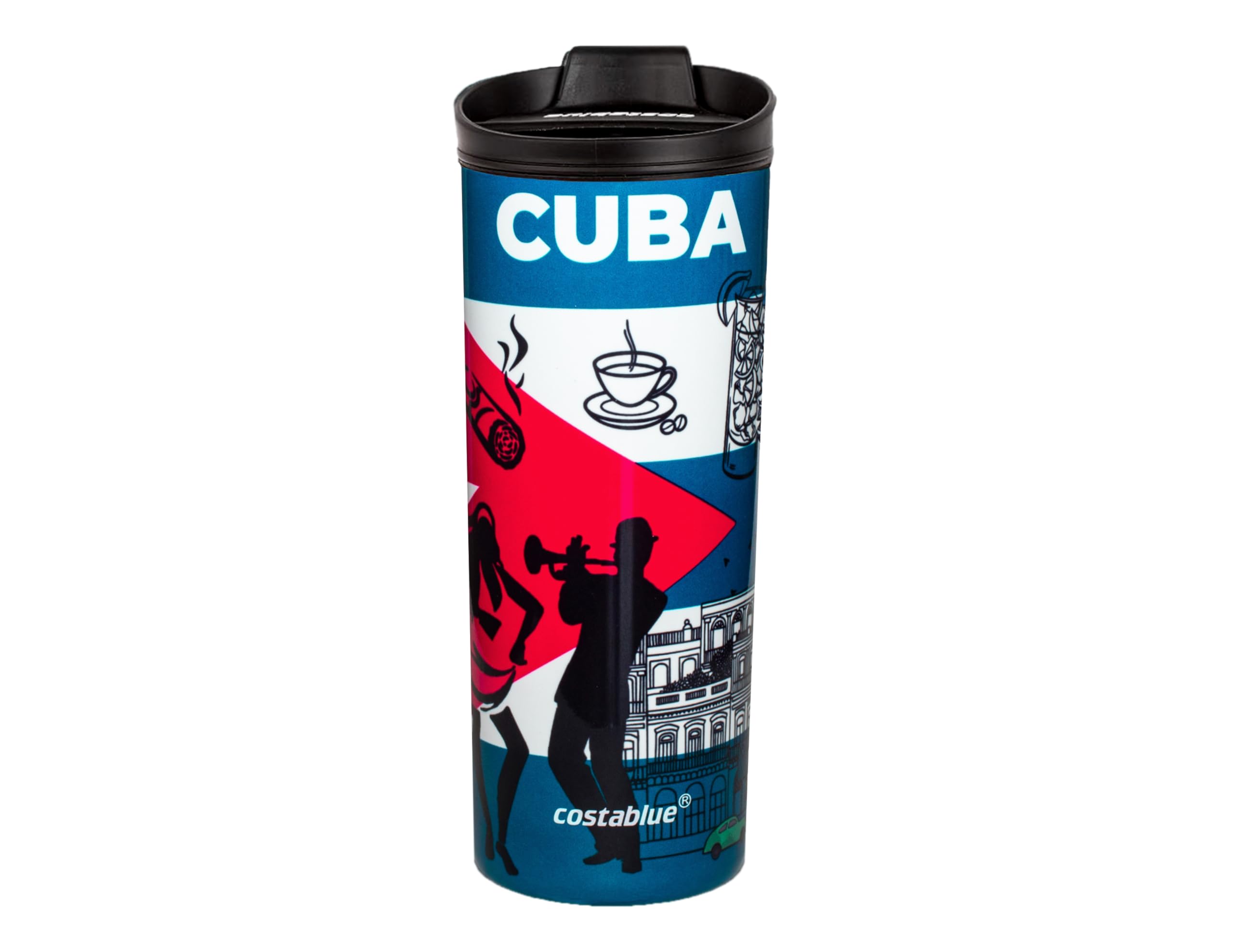 Cuba Vacuum Insulated Stainless Steel Thermal Travel Mug, 16 oz, Easy Clean, Flip leak Proof Lid Cuba Flag with Icons from Cuba…