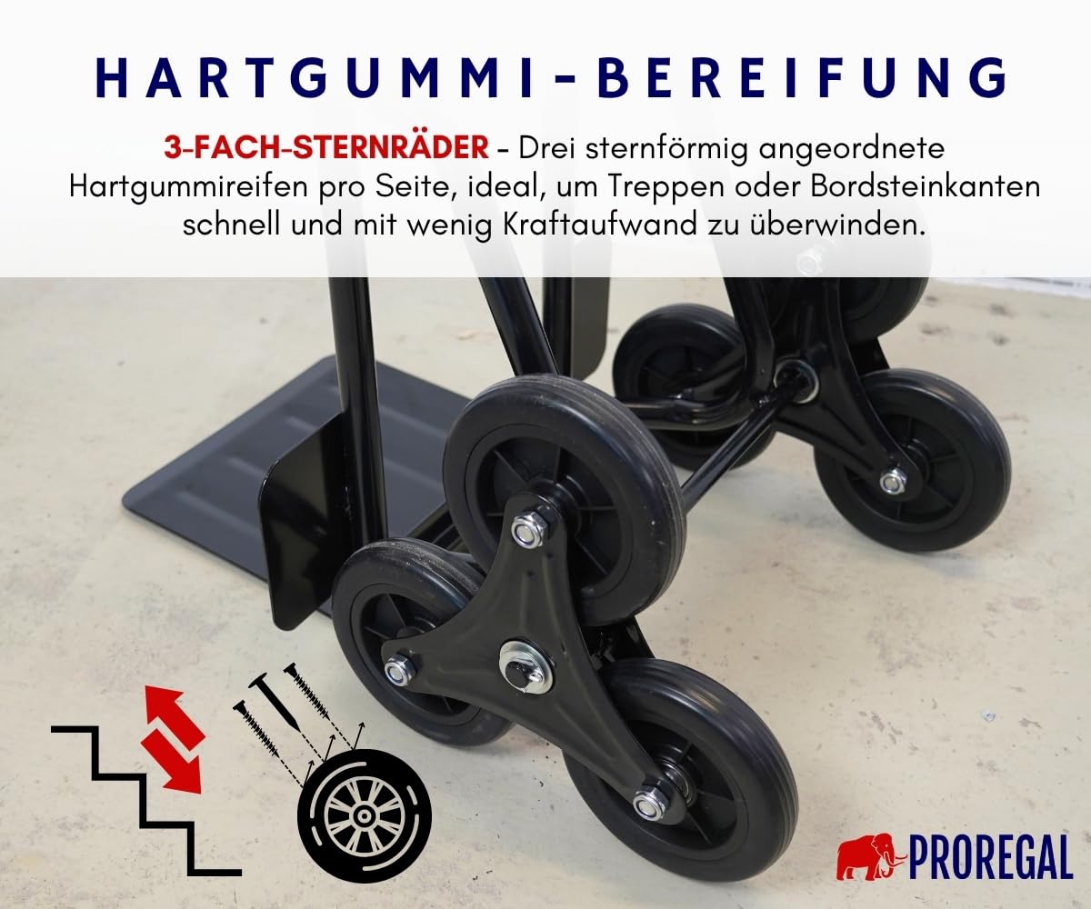 PROREGAL Treppensackkarre Odin | HxBxT 111x60x43cm | Tragkraft 200kg | Hartgummi-Bereifung | Stahlrahmen | Schwarz | Transportkarre Staplerkarre klappbar