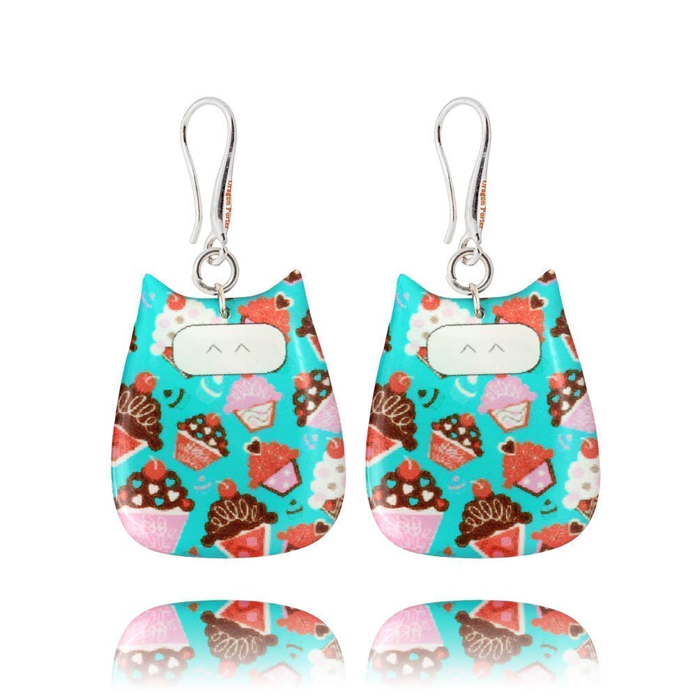 Whimsical Cat Owl Dangle Earrings; Everyday Fun Jewellery Gift for Women (Blue Turquoise)