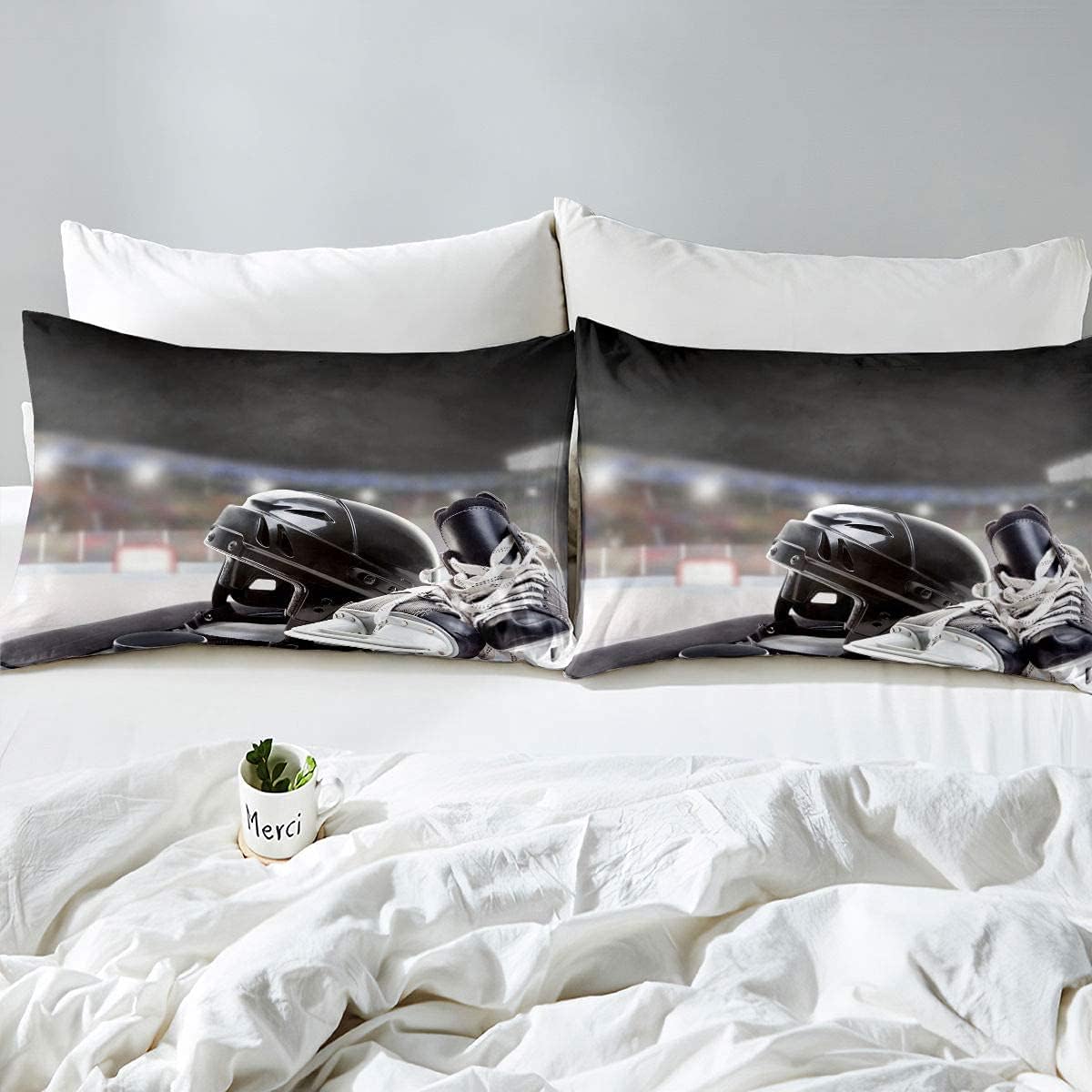 Uр Tо 50% оƒƒ Erosebridal Ice Hockey Comforter Cover Helmet Skates Bedding Set for Kids Boys Girls Young Man Winter Ice Sports Games Duvet Cover Child Bedroom Decor with 2 Pillow Cases Queen Size Black