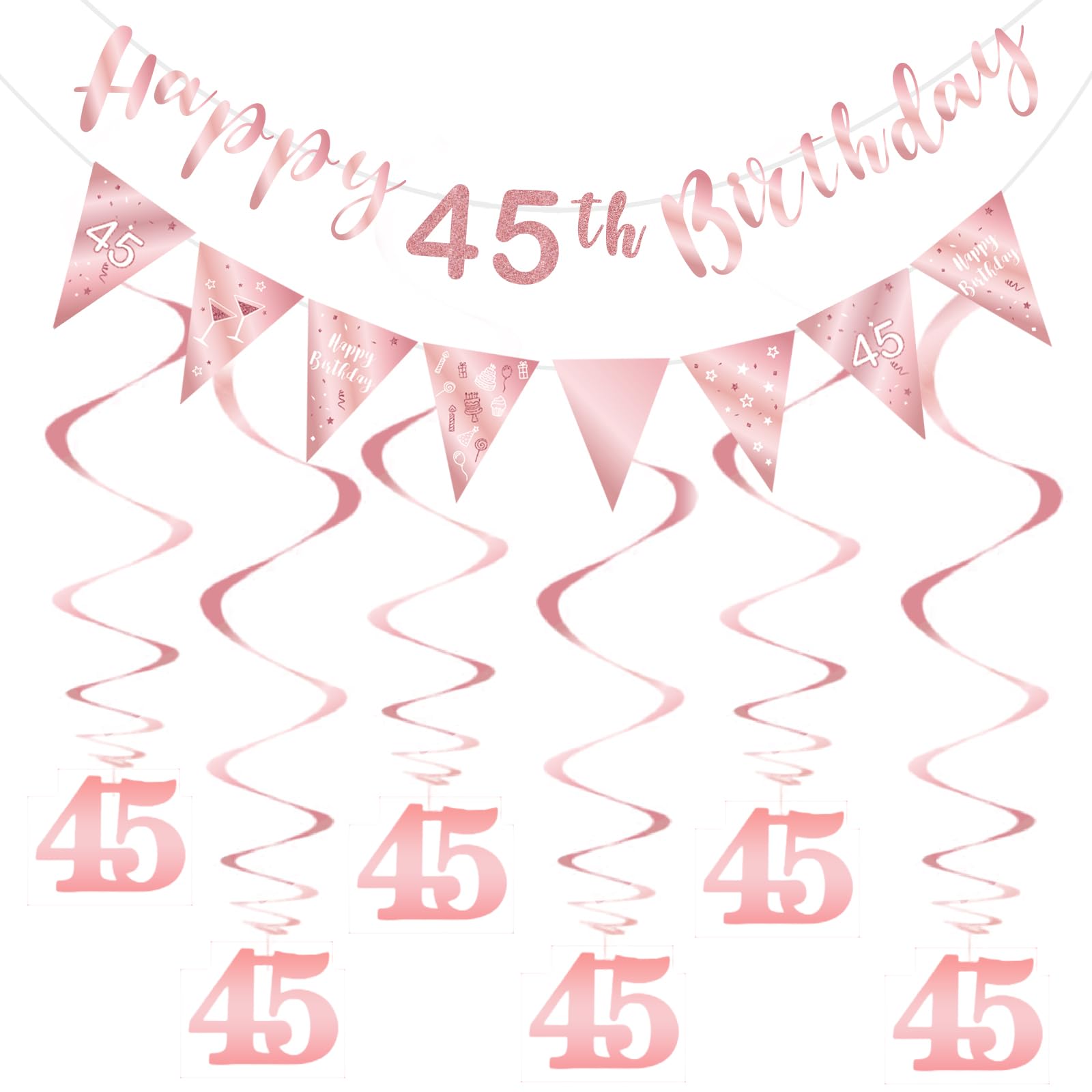 45th Birthday Decoration Kit for Women Happy 45th Birthday Banner Bunting Swirls Streamers