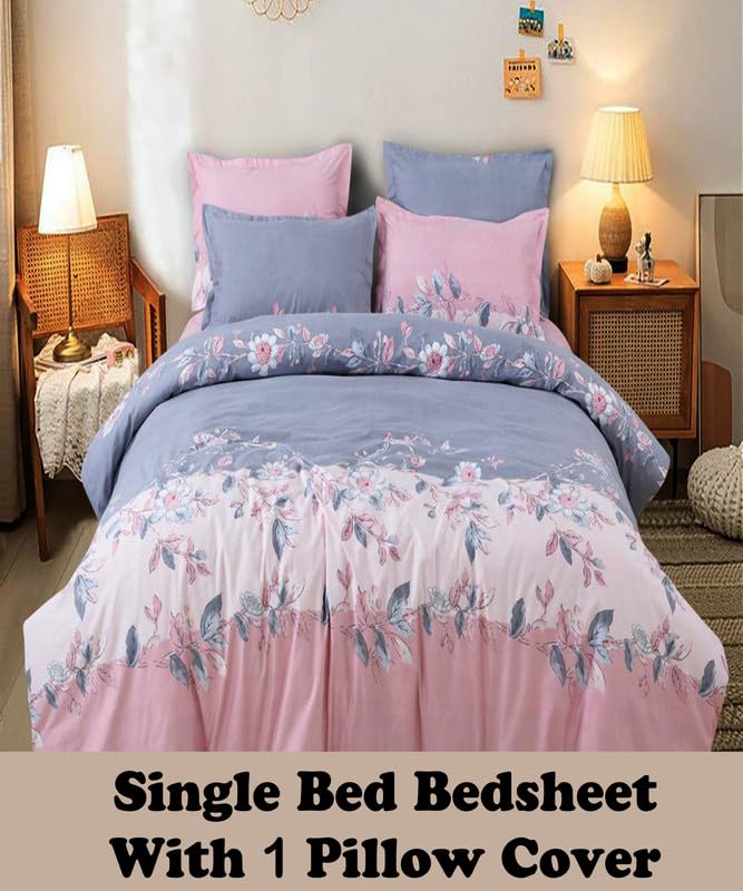 Image of Polycotton Single Bed Bedsheet, Flat Sheet with 1 Pillow Cover, Queen (60x90 inch), 300 TC, Pink & Blue, Set of 2