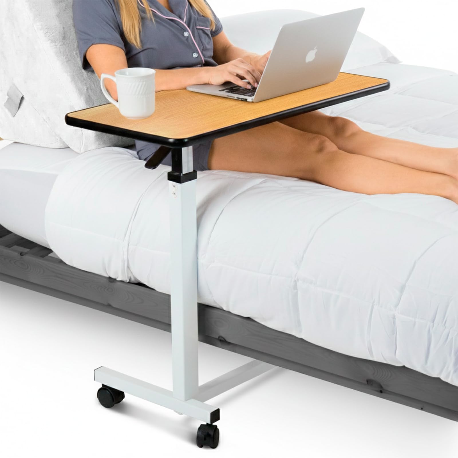 Vive Overbed Table (XL) - Hospital Bed Table - Swivel Wheel Rolling Tray - Adjustable Over Bedside Home Desk - Laptop, Reading, Eating Breakfast Cart Stand - Bedridden, Elderly (Brown)