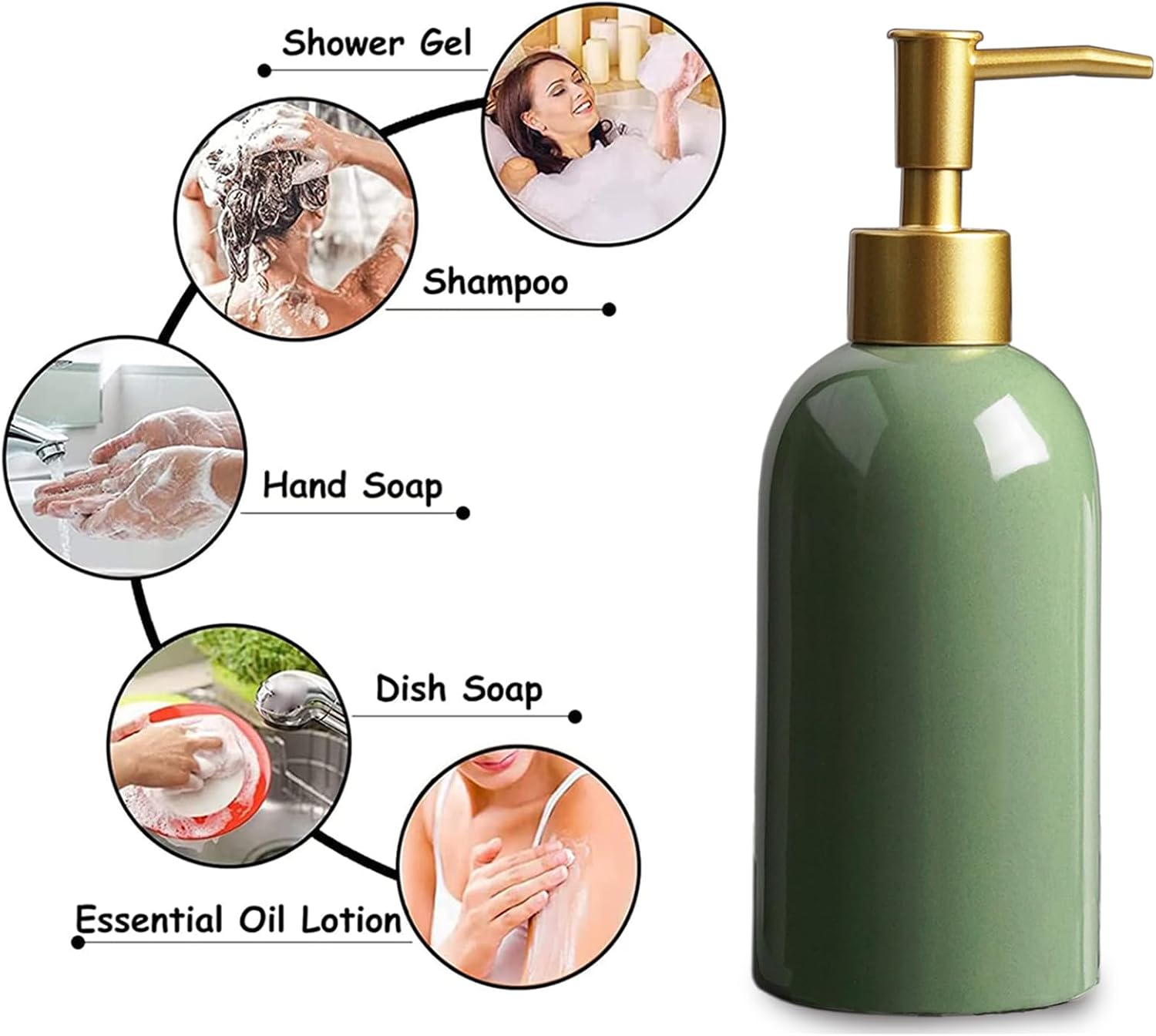 Ceramic Soap Dispenser Green with Gold Pump,Simple Design Cylindrical Lotion Dispenser Bottle,Refillable Liquid Hand Soap Dispenser for Kitchen,Bathroom,Washroom