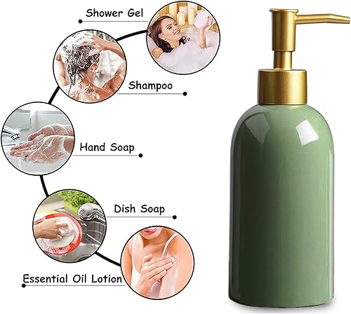 Miniatura 5 de Dispensador de jabón de cerámica verde con bomba dorada, botella dispensadora de loción cilíndrica de diseño simple, dispensador de jabón líquido